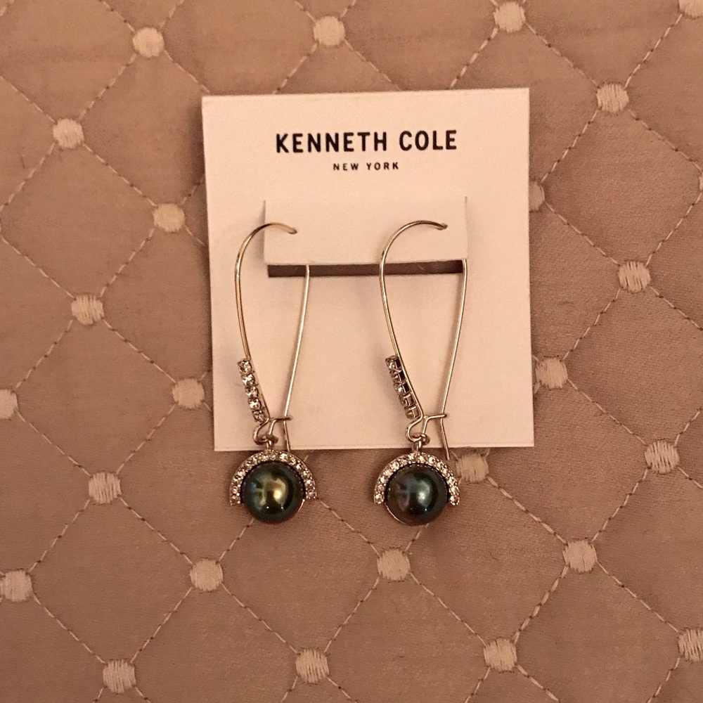 Kenneth Cole Black Pearl Rhinestone Encrusted Gold Drop Earrings